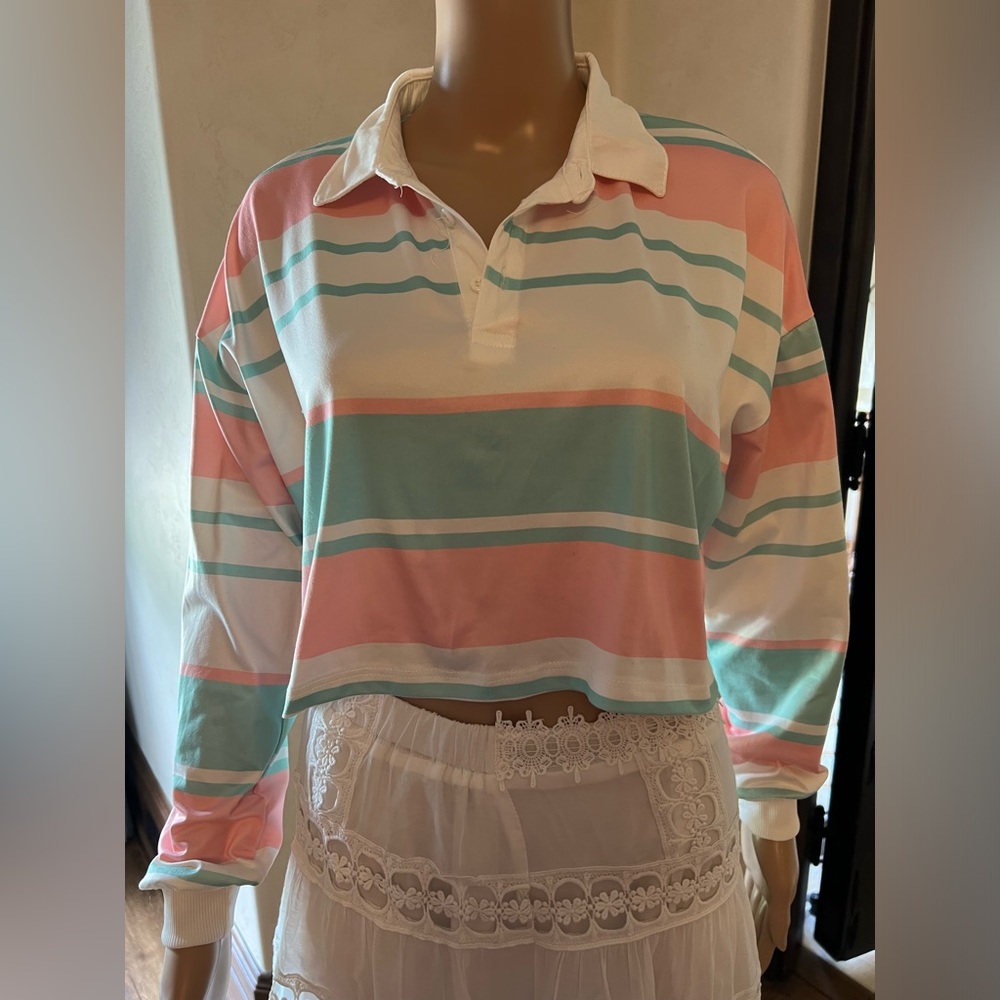Pale Pink, Green and White Striped Crop Top